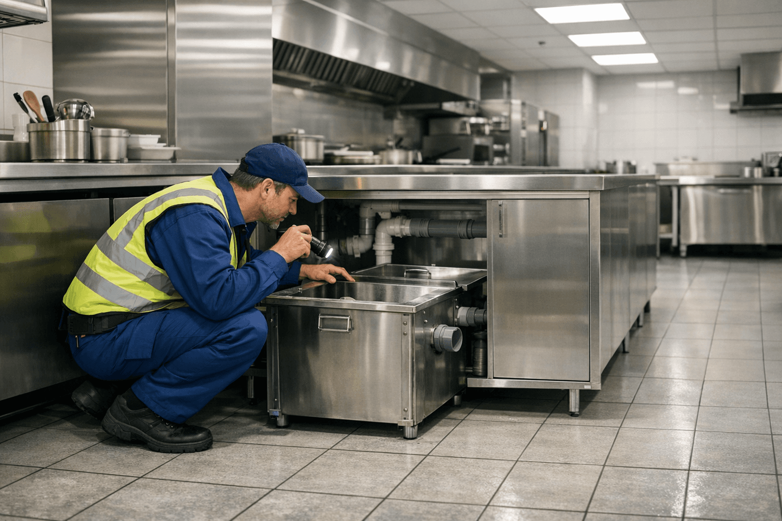 Professional engineer inspecting commercial kitchen equipment